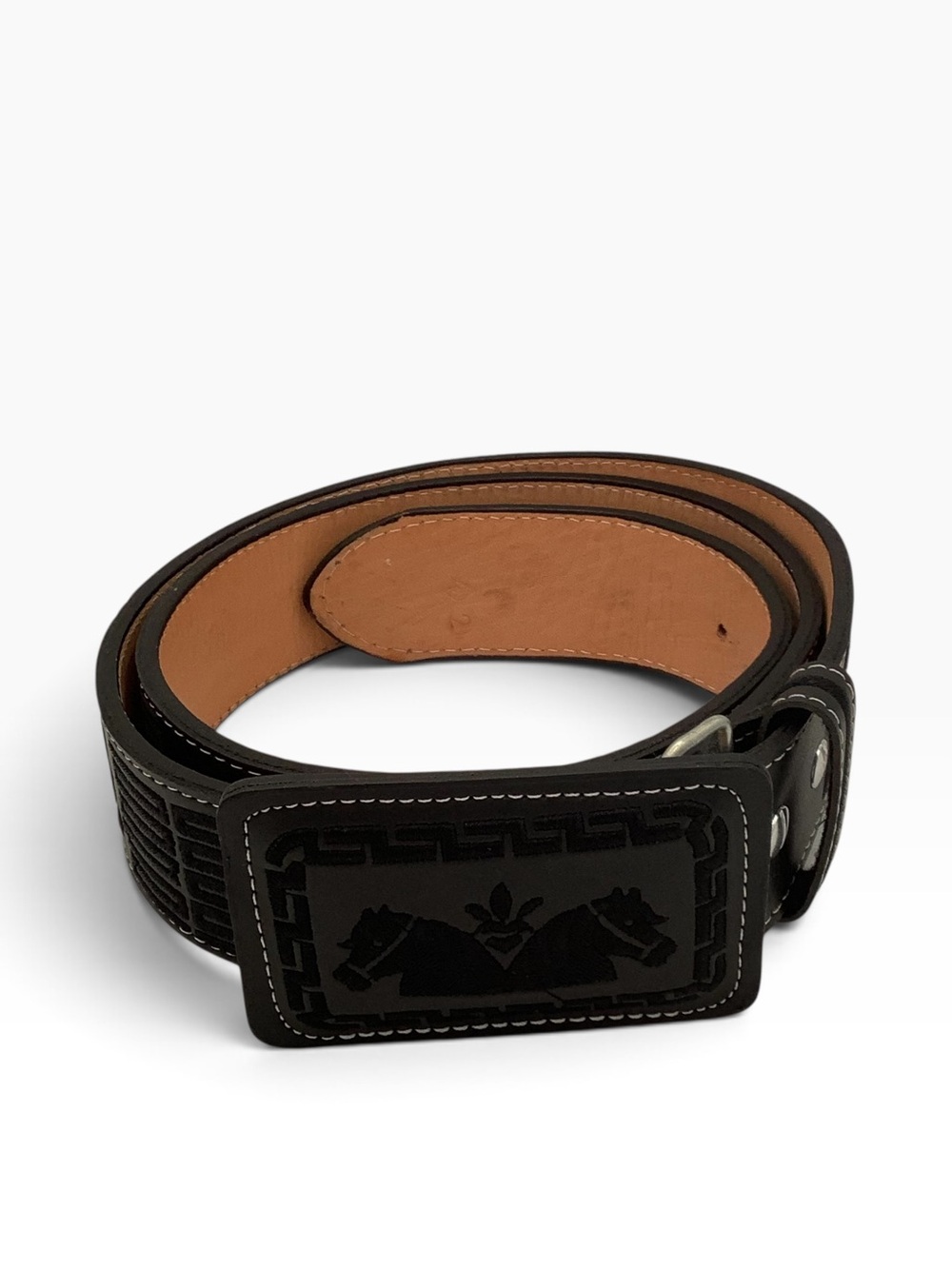 YAC Embroidered Leather Horse Belt Black Sz 42